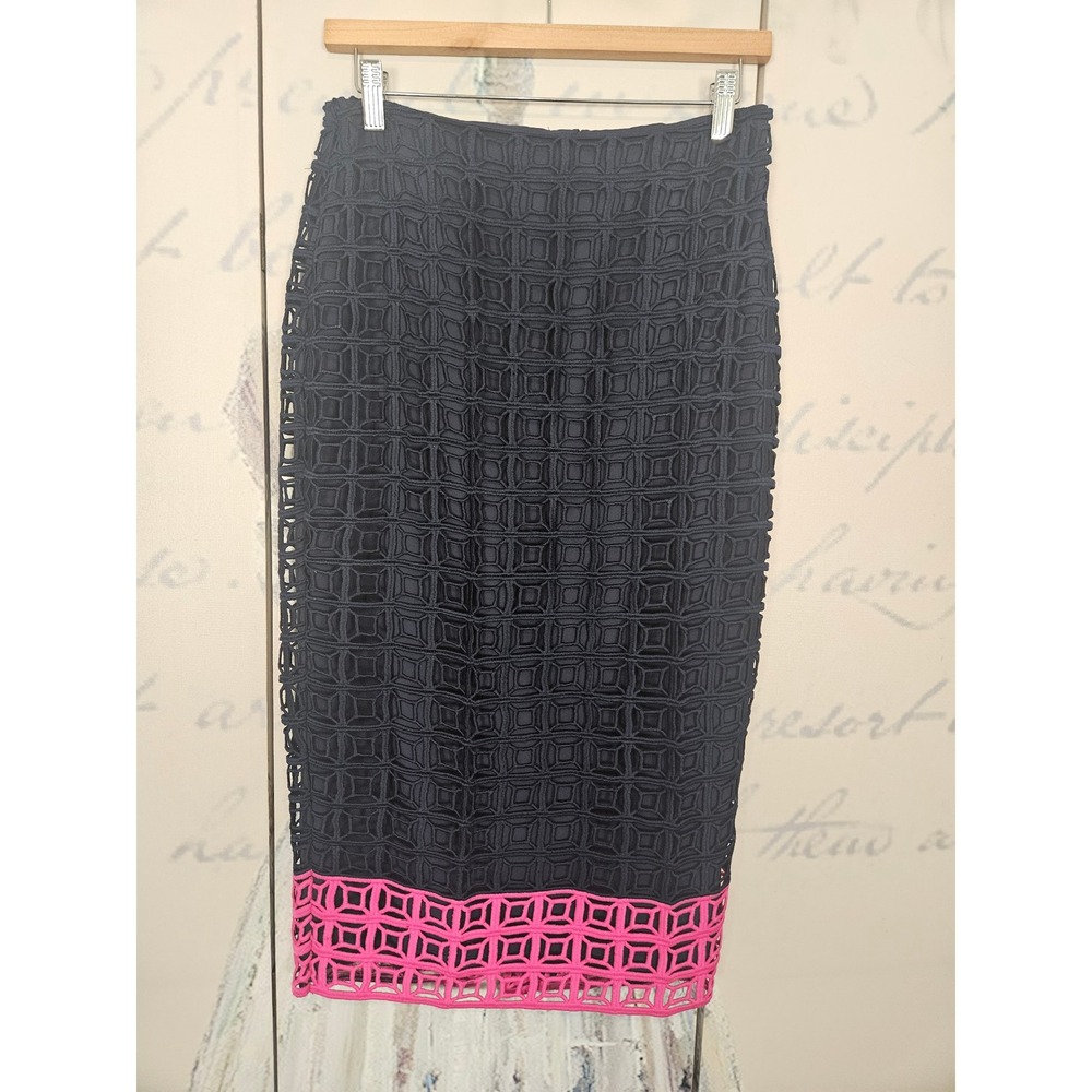 Trina Turk Navy Blue Pink Geometric Crochet Lace Pencil Skirt Sz 2